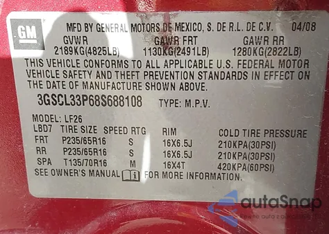 2008 Saturn Vue 4-Cyl Xe z USA, uszkodzony, nr VIN 3GSCL33P68S688108